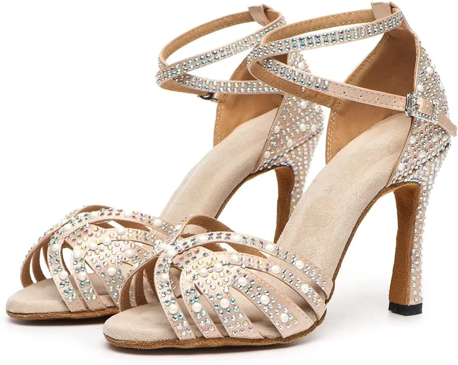 DKZSYIM Women's Satin Latin Dance Shoes Rhinestone Ballroom Salsa Performance Practice Dancing Shoes,Model YCL506