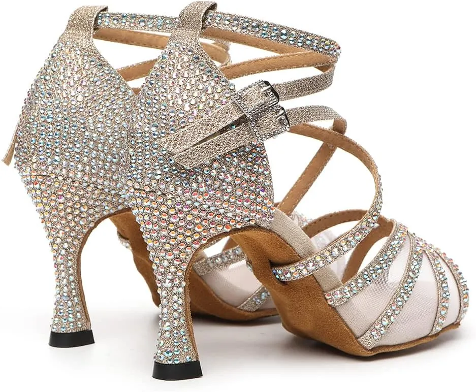 DKZSYIM Women's Satin Latin Dance Shoes Rhinestone Ballroom Salsa Performance Practice Dancing Shoes,Model YCL506
