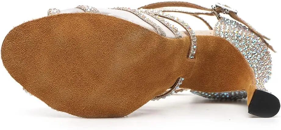 DKZSYIM Women's Satin Latin Dance Shoes Rhinestone Ballroom Salsa Performance Practice Dancing Shoes,Model YCL506