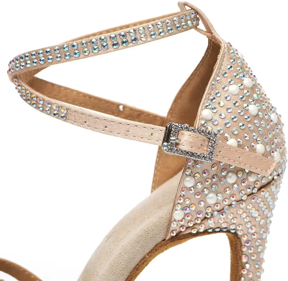 DKZSYIM Women's Satin Latin Dance Shoes Rhinestone Ballroom Salsa Performance Practice Dancing Shoes,Model YCL506