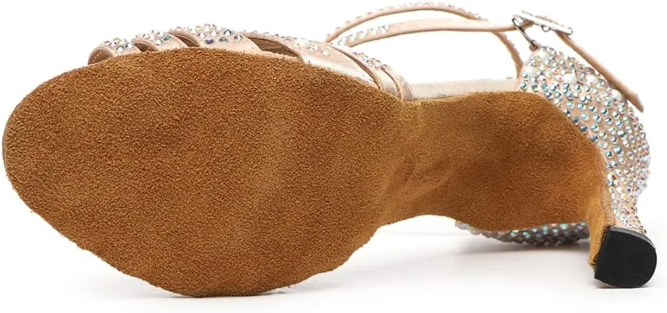 DKZSYIM Women's Satin Latin Dance Shoes Rhinestone Ballroom Salsa Performance Practice Dancing Shoes,Model YCL506