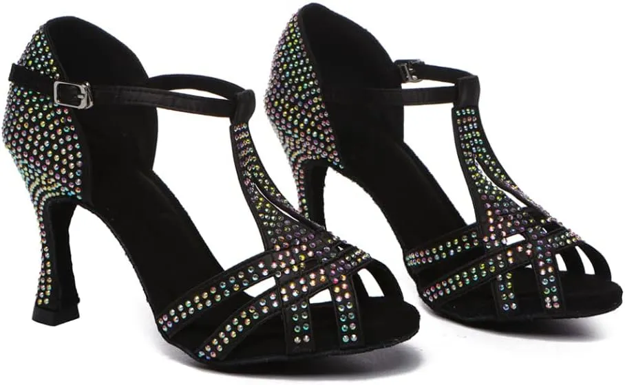 DKZSYIM Women's T-Strap Latin Dance Shoes Rhinestone Ballroom Salsa Performance Practice Dancing Shoes,Model YCL517