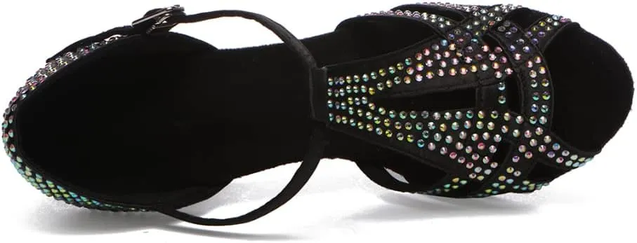 DKZSYIM Women's T-Strap Latin Dance Shoes Rhinestone Ballroom Salsa Performance Practice Dancing Shoes,Model YCL517