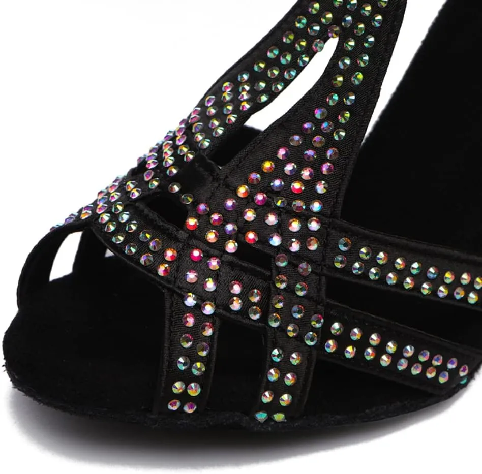 DKZSYIM Women's T-Strap Latin Dance Shoes Rhinestone Ballroom Salsa Performance Practice Dancing Shoes,Model YCL517