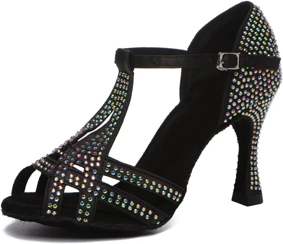 DKZSYIM Women's T-Strap Latin Dance Shoes Rhinestone Ballroom Salsa Performance Practice Dancing Shoes,Model YCL517