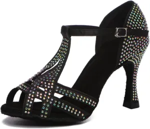 DKZSYIM Women's T-Strap Latin Dance Shoes Rhinestone Ballroom Salsa Performance Practice Dancing Shoes,Model YCL517