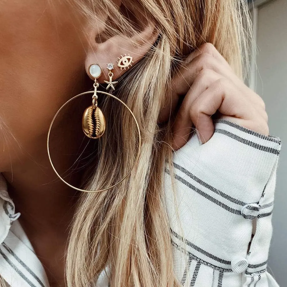 Doubnine Sea Shell Charm Cowrie Earrings Dangle Golden Mermaid Earrings Scallop Beach Retro Chic Women Ocean Jewelry