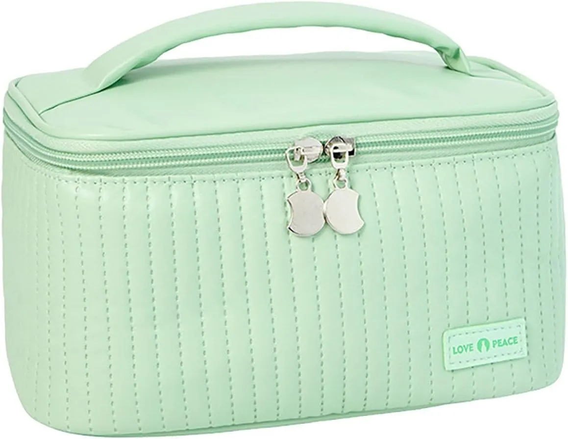 Drawstring Makeup Bag with Zipper 8.4*5.4 Inch Pu Leather Waterproof Portable Pouch Open Flat Hanging Toiletry Bag for Women Cosmetic Travel Bag for Women Wife Girlfriend Valentines Day Gifts