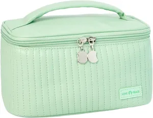 Drawstring Makeup Bag with Zipper 8.4*5.4 Inch Pu Leather Waterproof Portable Pouch Open Flat Hanging Toiletry Bag for Women Cosmetic Travel Bag for Women Wife Girlfriend Valentines Day Gifts