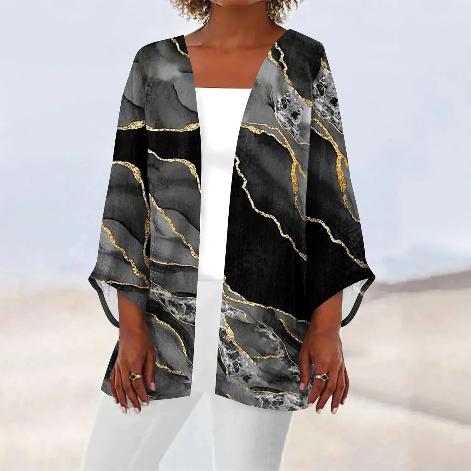 DuDubaby Cardigan Sweaters for Women Round Neck Lightweight Kimono Cardigans Long Sleeve Medium Length Retro Printed Coat