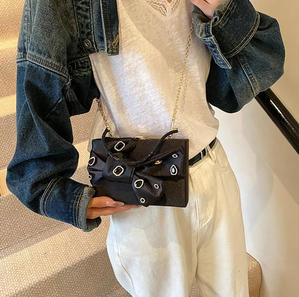 Elegant Satin Bow Evening Bag Women Rhinestone Clutch Purses Evening Handbags for Formal Wedding Prom Party 2025