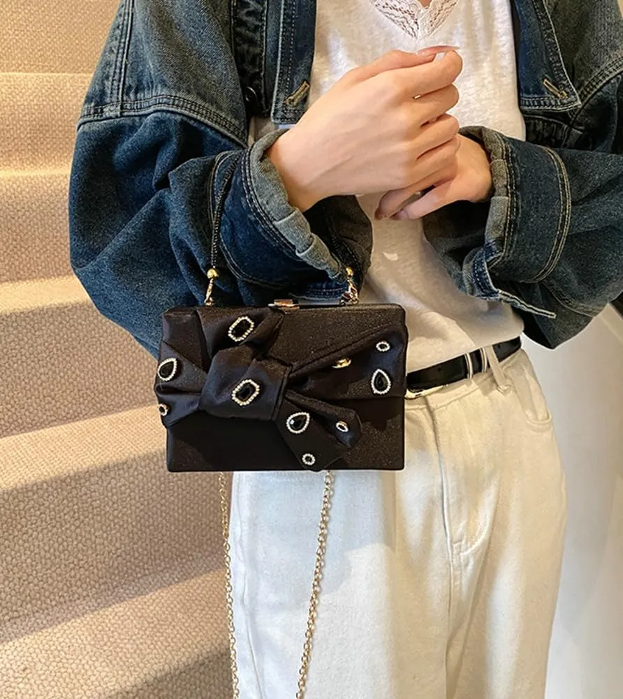 Elegant Satin Bow Evening Bag Women Rhinestone Clutch Purses Evening Handbags for Formal Wedding Prom Party 2025