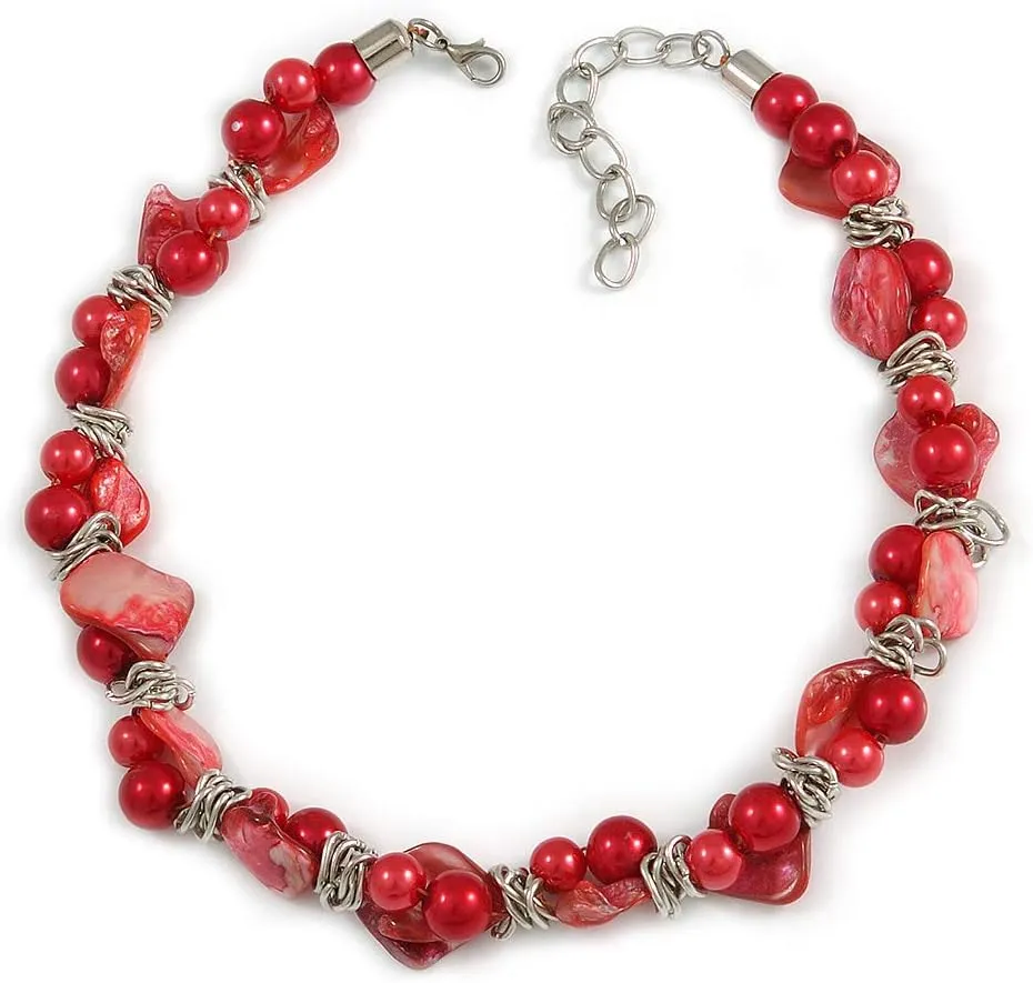 Exquisite Faux Pearl & Shell Composite Silver Tone Link Necklace In Red - 44cm L/ 7cm Ext