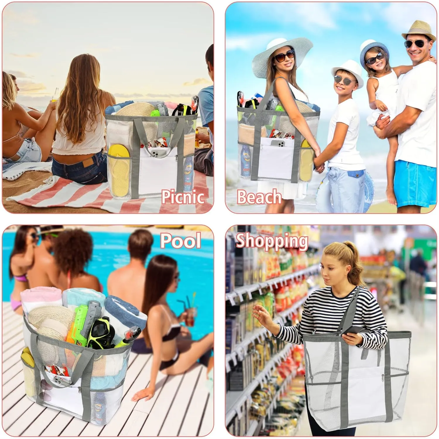 F-color Mesh Beach Bag Family - 9 Pockets Large Beach Tote for Cruise Vacation Essentials