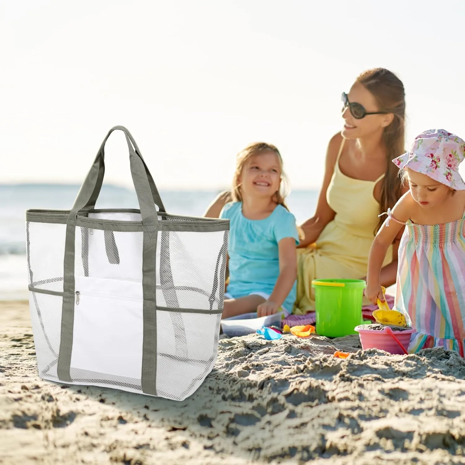 F-color Mesh Beach Bag Family - 9 Pockets Large Beach Tote for Cruise Vacation Essentials