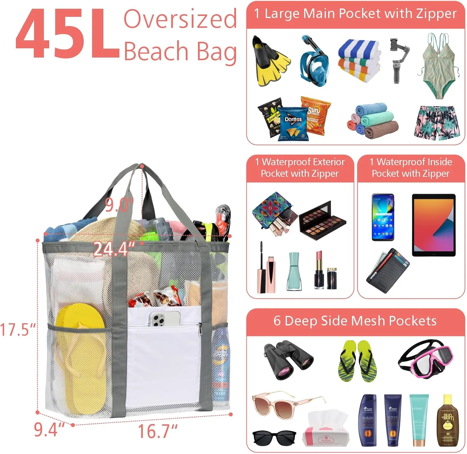 F-color Mesh Beach Bag Family - 9 Pockets Large Beach Tote for Cruise Vacation Essentials