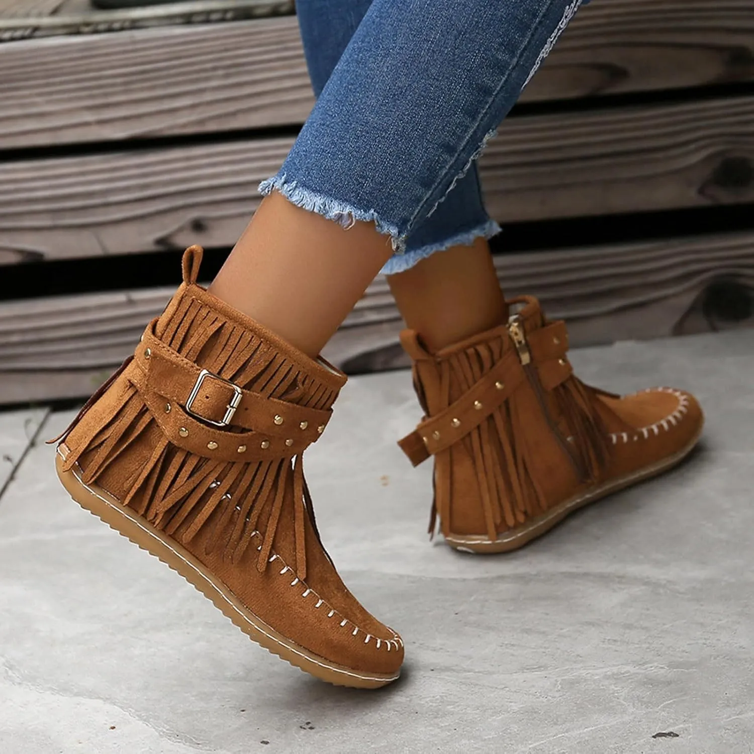 fabalshop Women's Western Cowboy Boots, Fringe Faux Suede Boots Retro Round Toe Fringe Buckle Strap Ankle Boot Low Heel Rome Flat Shoes Tassel Knight Booties Shoes
