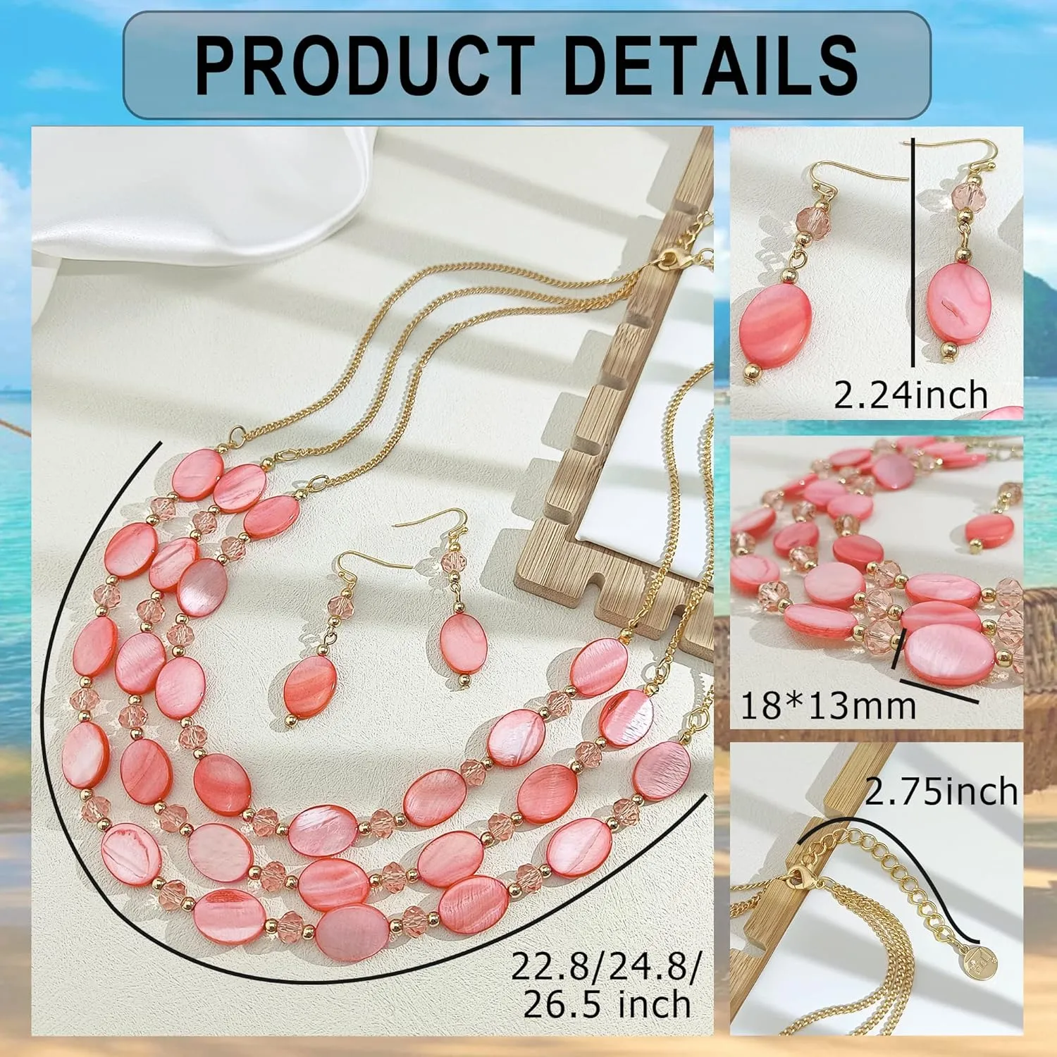 Firstmeet 3 Layered Beaded Necklace Set with Earrings Oval Shell Beads Jewelry Gift for Women