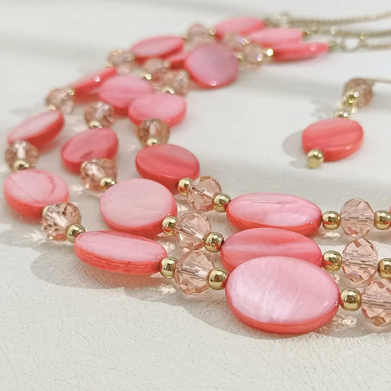 Firstmeet 3 Layered Beaded Necklace Set with Earrings Oval Shell Beads Jewelry Gift for Women