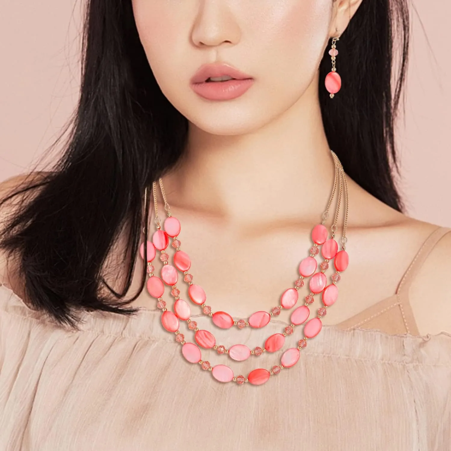 Firstmeet 3 Layered Beaded Necklace Set with Earrings Oval Shell Beads Jewelry Gift for Women