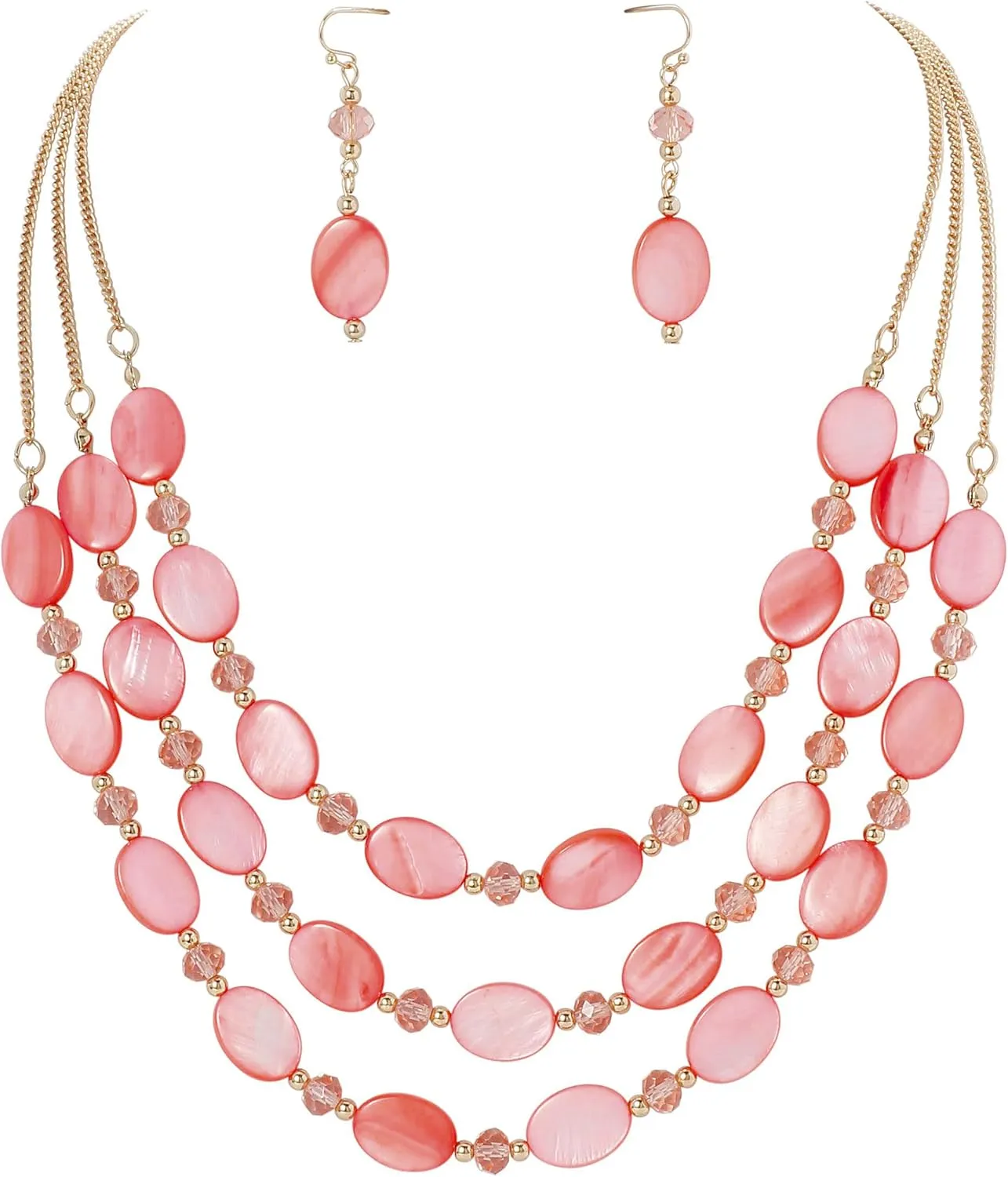 Firstmeet 3 Layered Beaded Necklace Set with Earrings Oval Shell Beads Jewelry Gift for Women