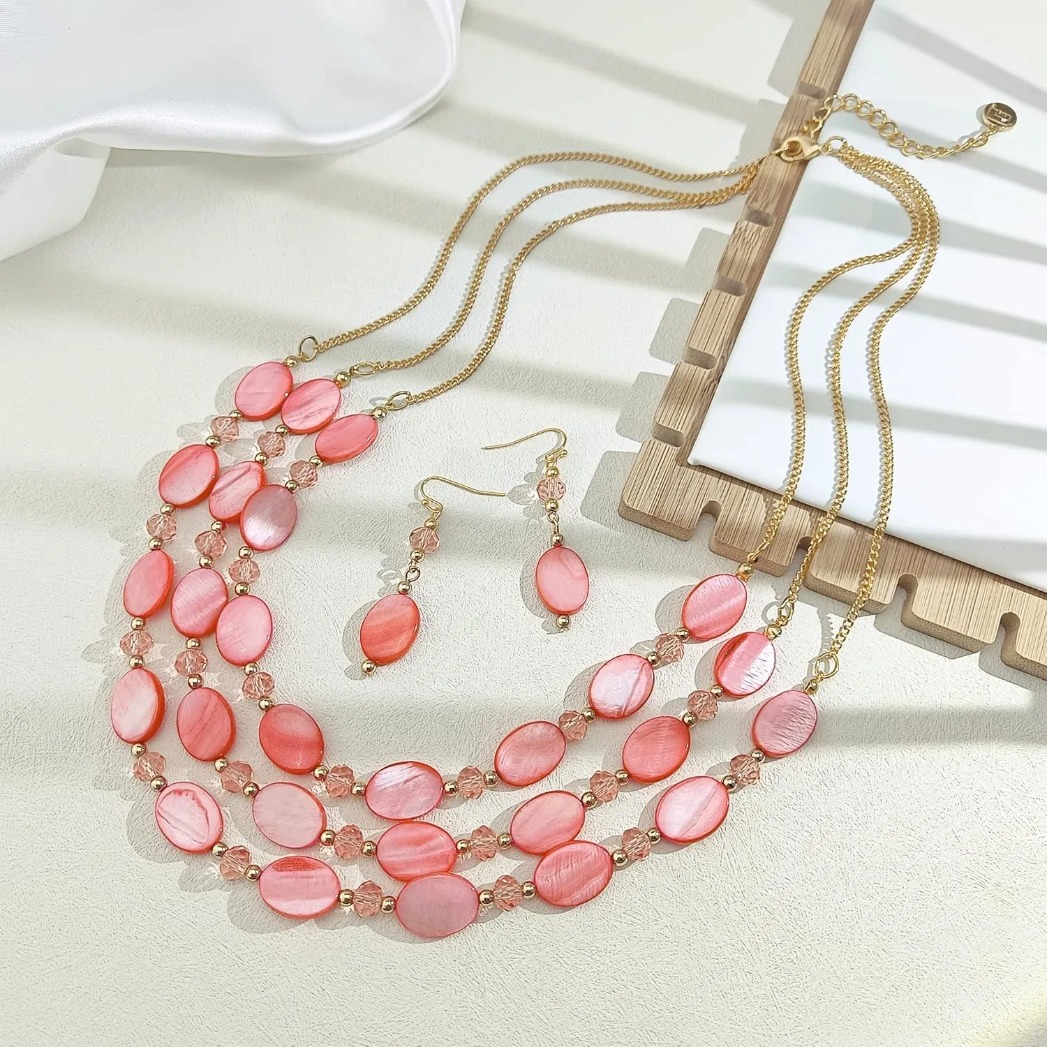Firstmeet 3 Layered Beaded Necklace Set with Earrings Oval Shell Beads Jewelry Gift for Women