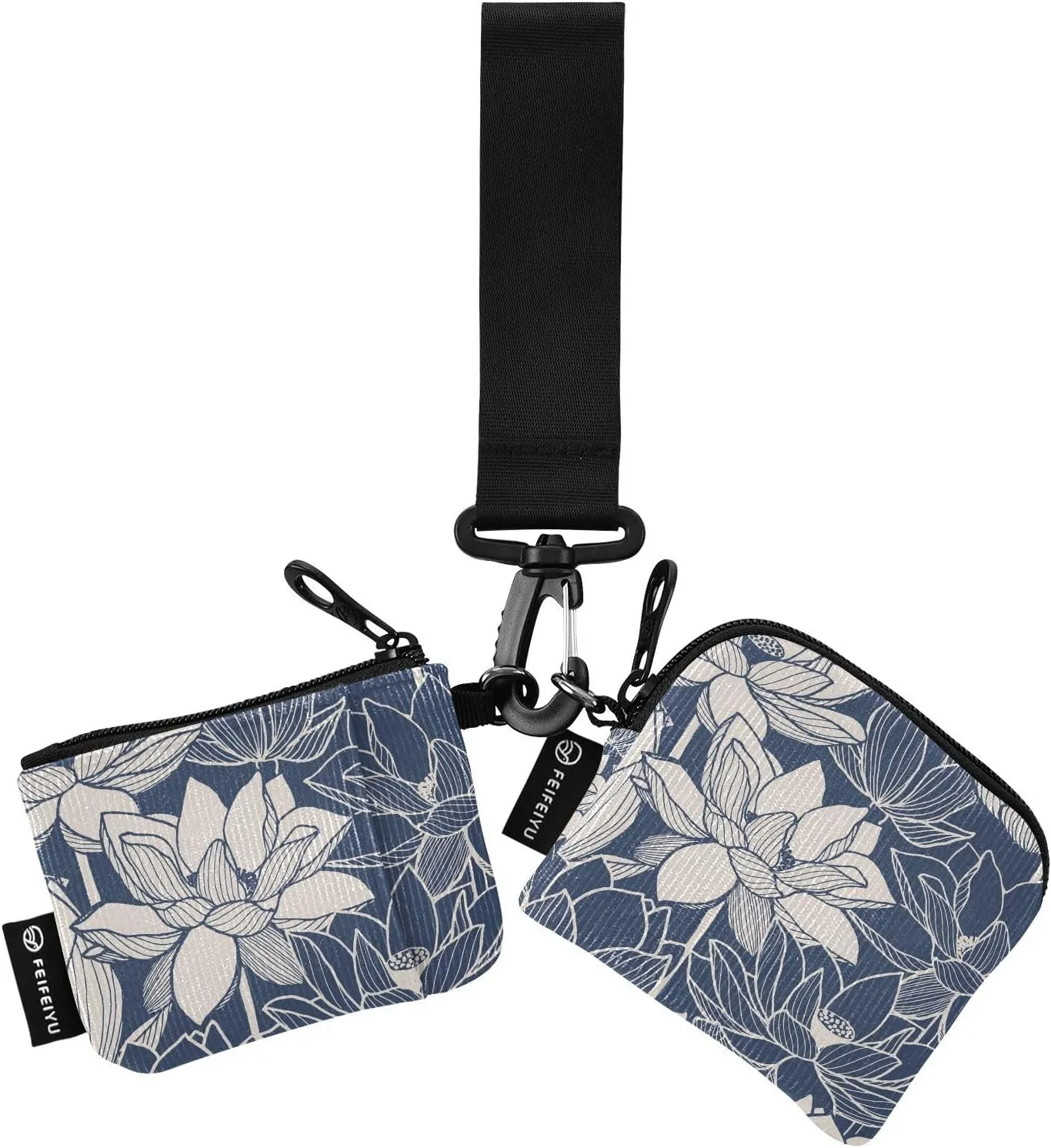Floral Lotus Blue Wristlet Keychain Wallets for Women Portable Small Coin Purse