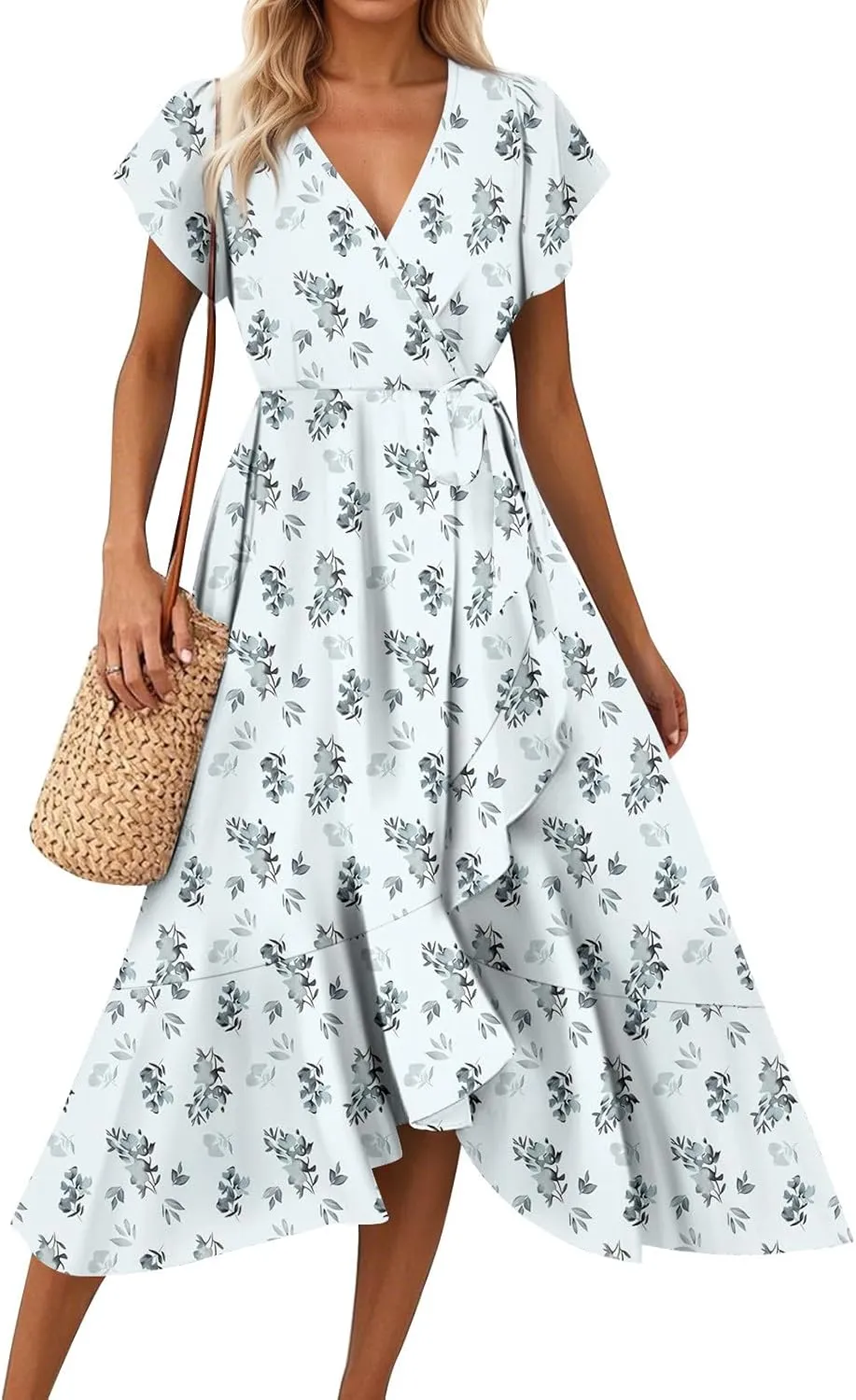 Floral Wrap Dresses for Women 2025 Elegant Classy Summer Sexy Flowy Deep V Neck Tie Waist Midi Dress Ruffle Hem