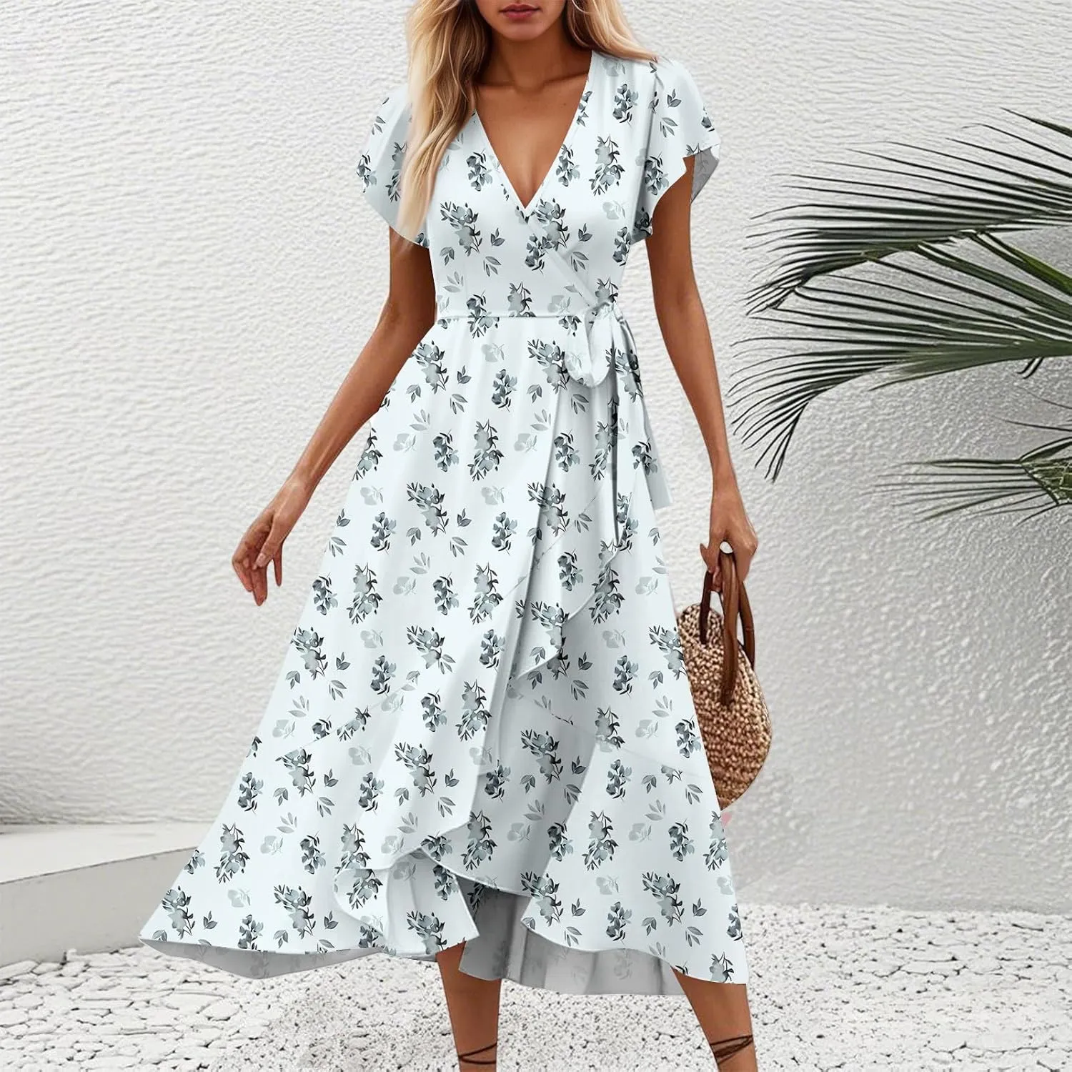 Floral Wrap Dresses for Women 2025 Elegant Classy Summer Sexy Flowy Deep V Neck Tie Waist Midi Dress Ruffle Hem