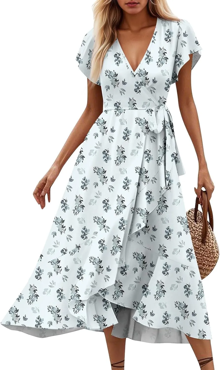 Floral Wrap Dresses for Women 2025 Elegant Classy Summer Sexy Flowy Deep V Neck Tie Waist Midi Dress Ruffle Hem