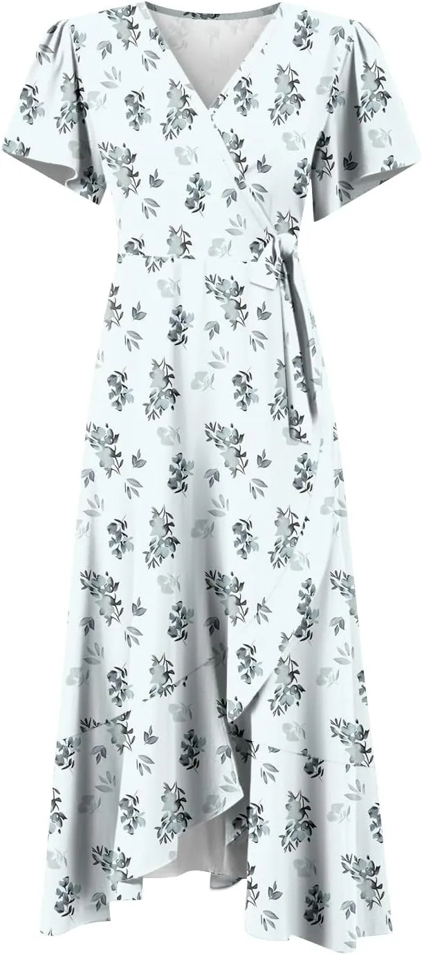 Floral Wrap Dresses for Women 2025 Elegant Classy Summer Sexy Flowy Deep V Neck Tie Waist Midi Dress Ruffle Hem