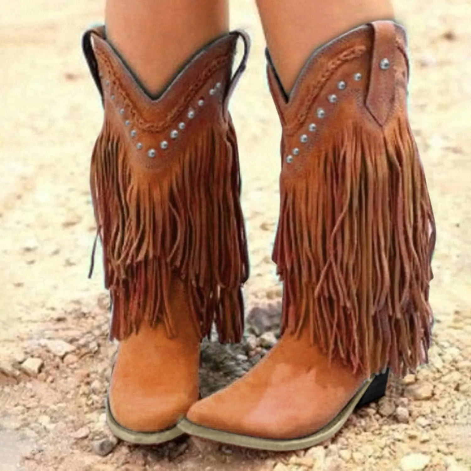 Fringe Boots For Women 2025,Stud Western Tassel Riding Cowgirl Cowboy Mid Calf Pull On Boots,Women's Fringe Cowboy Cowgirl Shoe