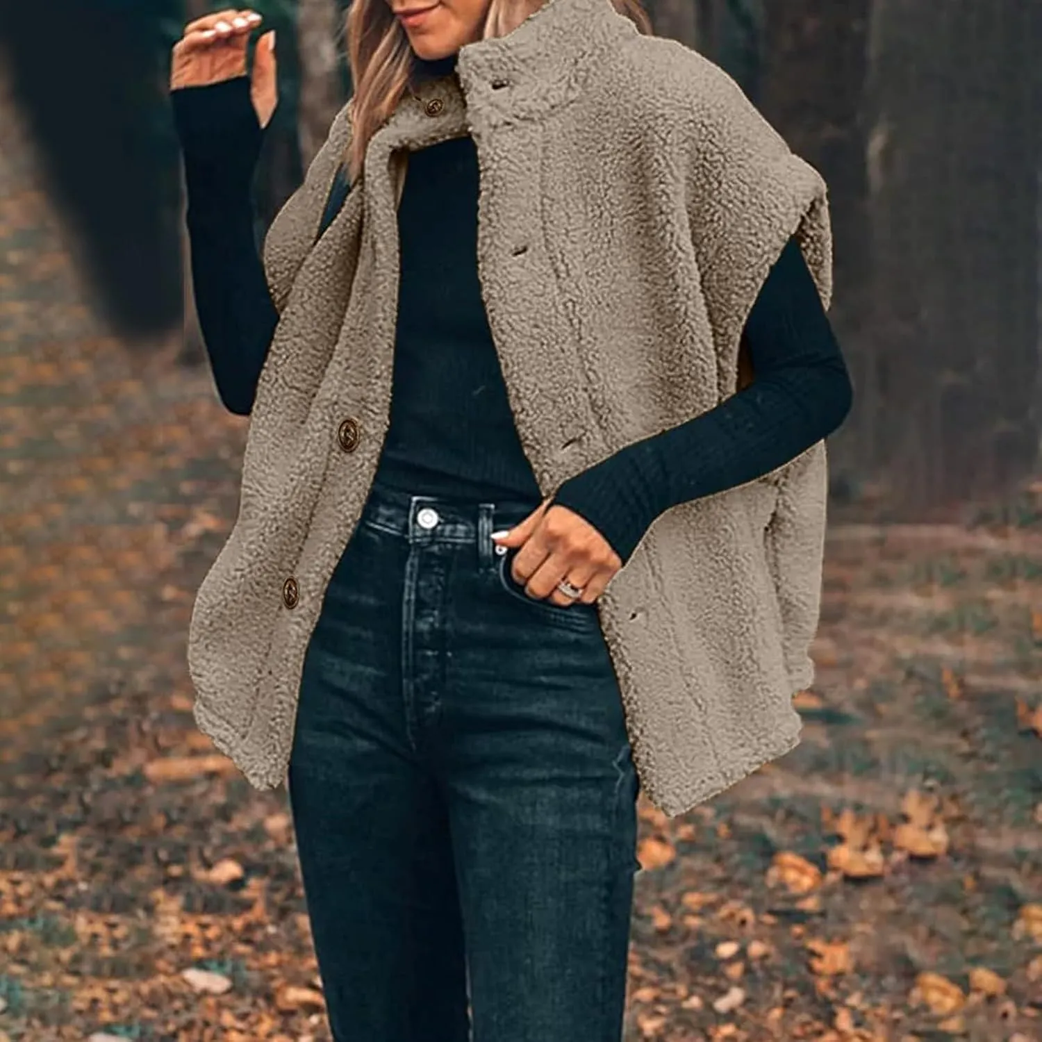 Fuzzy Fleece Vest for Women Stand Collar Button Casual Waistcoat Trendy Lightweight Loose Warm Winter Gilet Outerwear