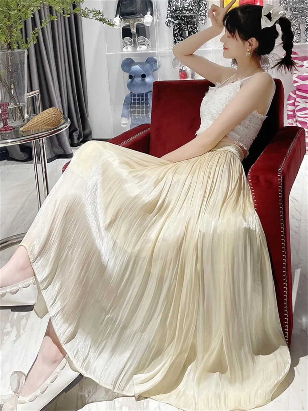 Glazed Ice Silk Floor-Length Wide-Leg Culottes, Women Thin Plus Size Long Summer High Waist Trouser Skirt.