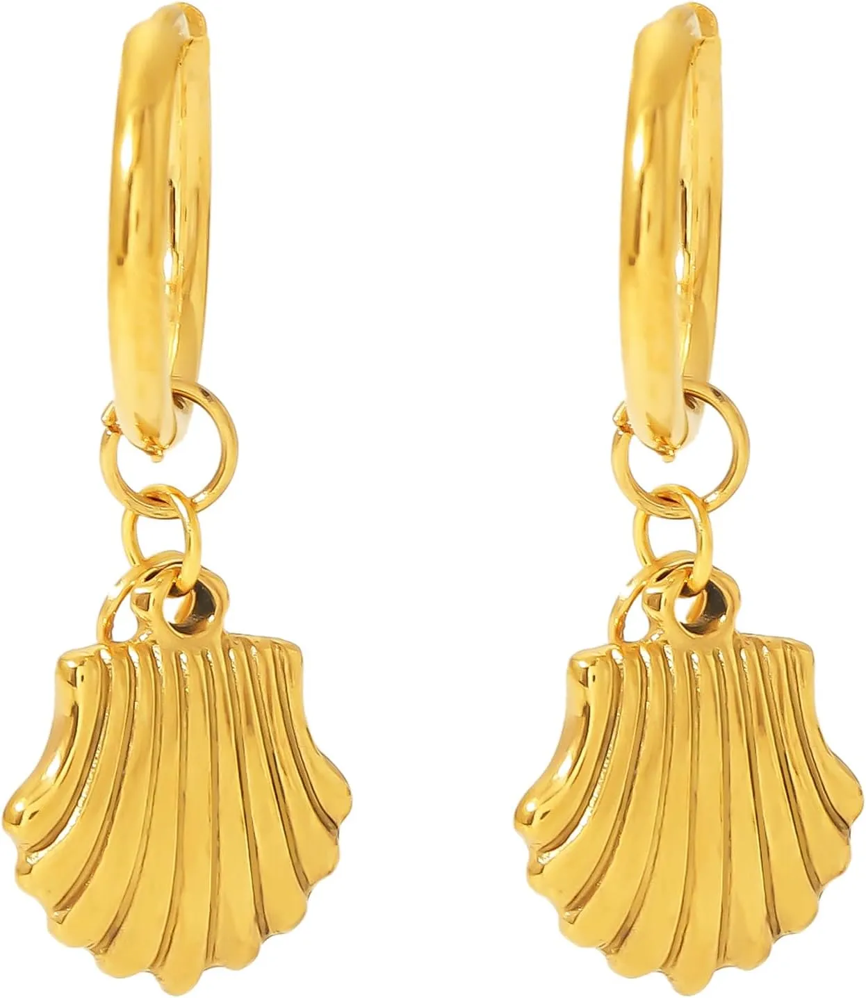Gold Dangle Drop Hoop Earrings for Women Men Gold Plated Dainty Earrings Hypoallergenic Evil Eye/Pearl Shell/Turquoise/Eight Awn Star/Spike/Wing/Star/Leaf Fashion Piercing Jewelry (Pearl Shell)