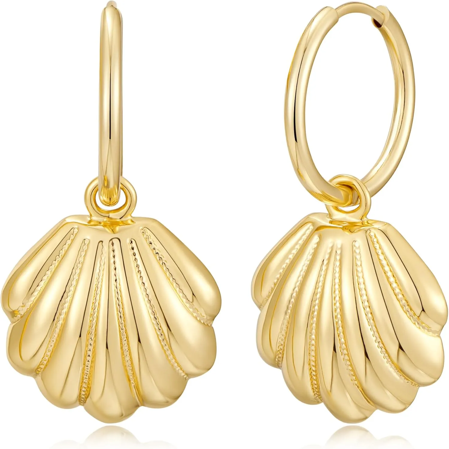 Gold Sea Shell Huggie Hoop Earrings Dangle Drop 14K Gold Plated Trendy Summer Beach Jewelry