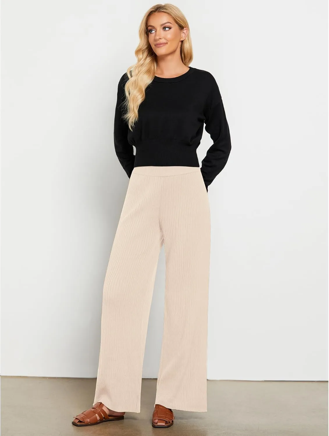 GRAPENT Sweater Wide Leg Pants Woman High Waisted Pull On Lounge Elastic Waist Fall Winter Casual Knit Trousers Pants