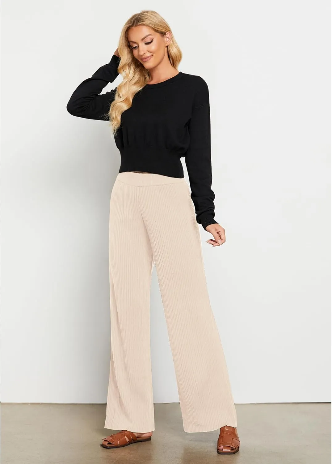 GRAPENT Sweater Wide Leg Pants Woman High Waisted Pull On Lounge Elastic Waist Fall Winter Casual Knit Trousers Pants