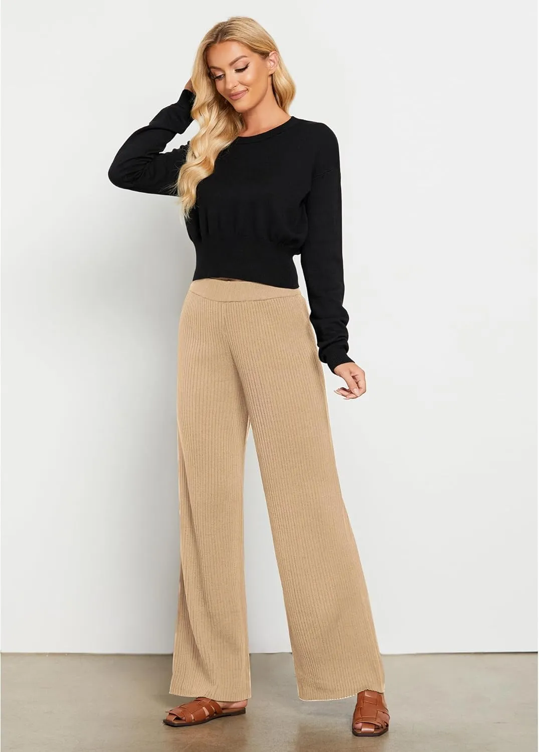 GRAPENT Sweater Wide Leg Pants Woman High Waisted Pull On Lounge Elastic Waist Fall Winter Casual Knit Trousers Pants