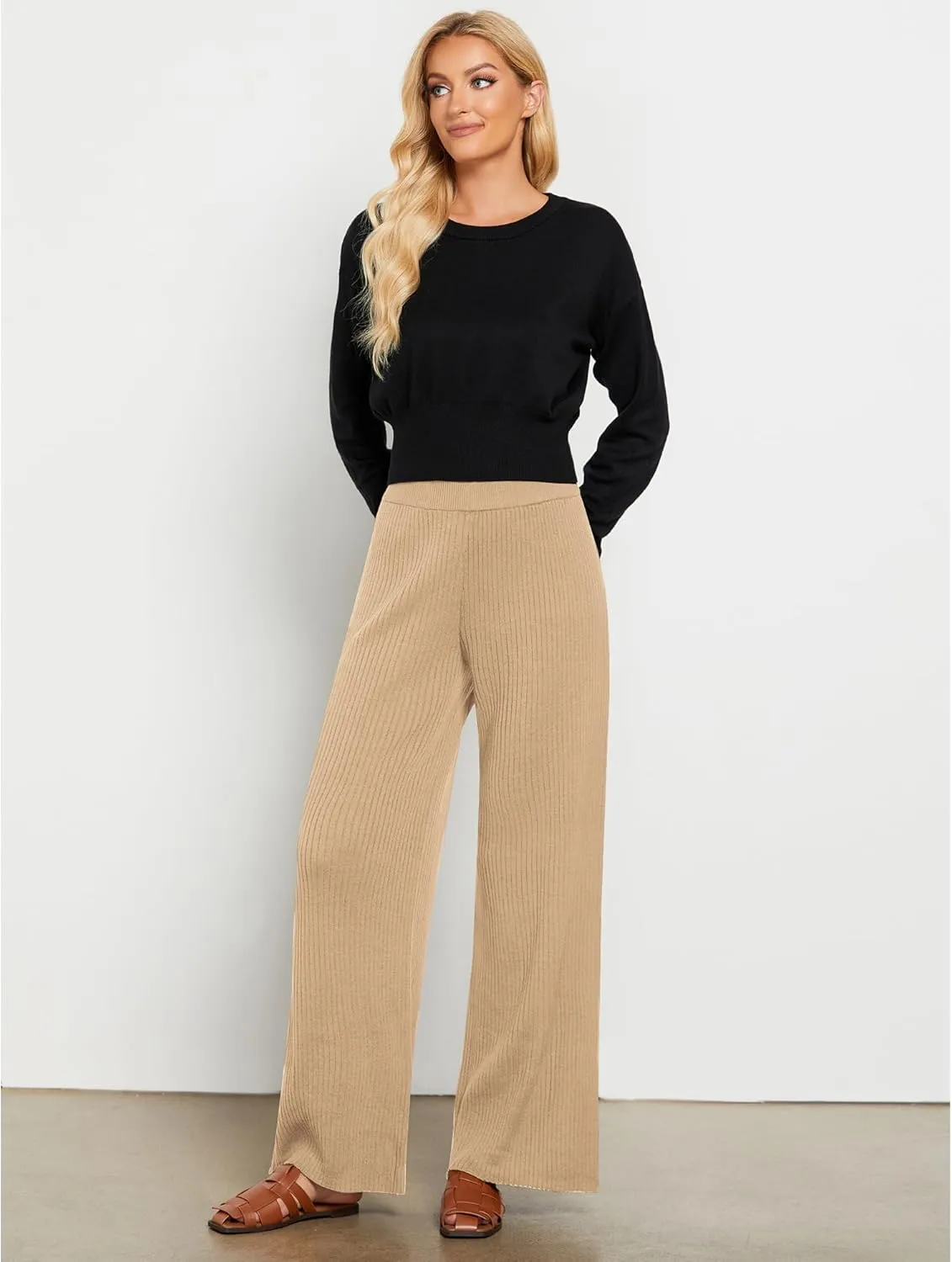 GRAPENT Sweater Wide Leg Pants Woman High Waisted Pull On Lounge Elastic Waist Fall Winter Casual Knit Trousers Pants