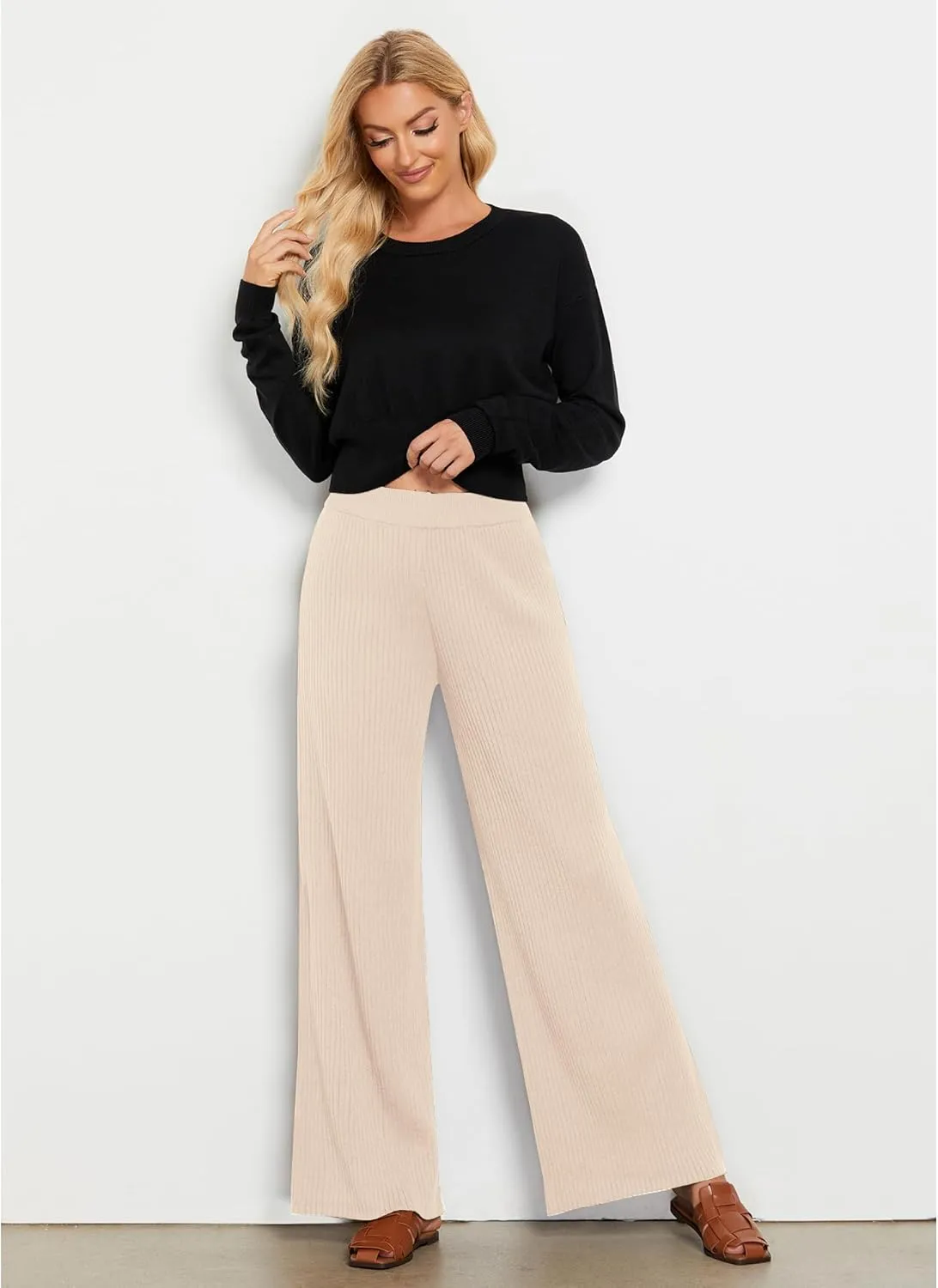 GRAPENT Sweater Wide Leg Pants Woman High Waisted Pull On Lounge Elastic Waist Fall Winter Casual Knit Trousers Pants