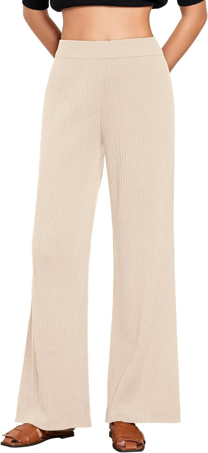 GRAPENT Sweater Wide Leg Pants Woman High Waisted Pull On Lounge Elastic Waist Fall Winter Casual Knit Trousers Pants
