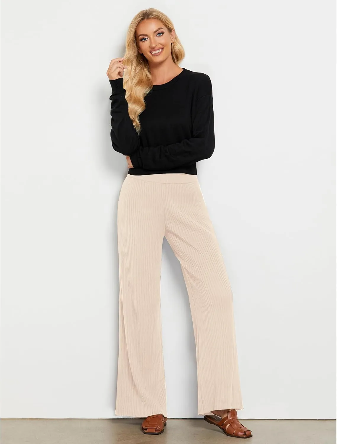 GRAPENT Sweater Wide Leg Pants Woman High Waisted Pull On Lounge Elastic Waist Fall Winter Casual Knit Trousers Pants
