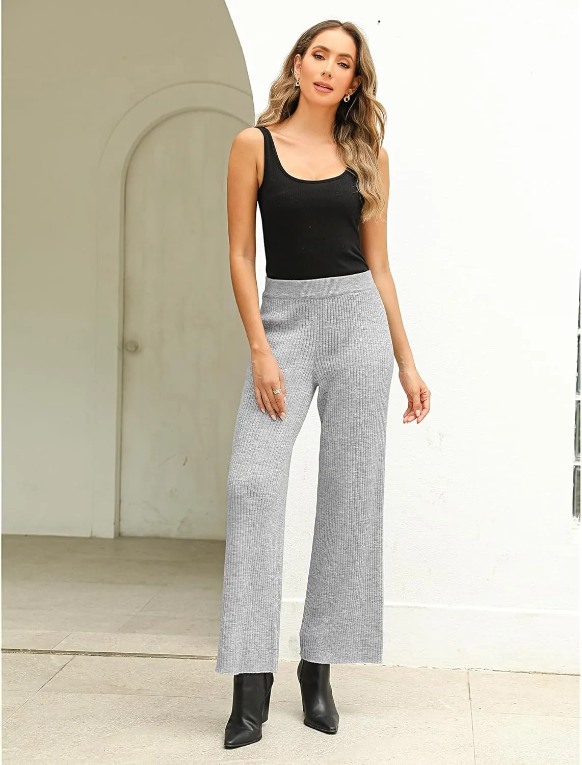 GRAPENT Sweater Wide Leg Pants Woman High Waisted Pull On Lounge Elastic Waist Fall Winter Casual Knit Trousers Pants