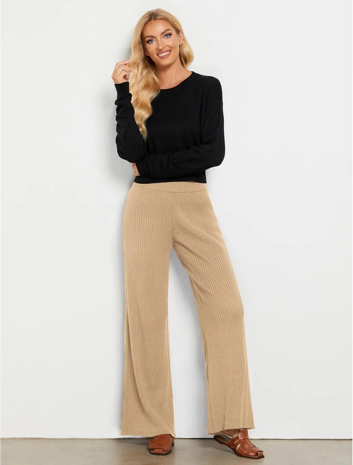 GRAPENT Sweater Wide Leg Pants Woman High Waisted Pull On Lounge Elastic Waist Fall Winter Casual Knit Trousers Pants