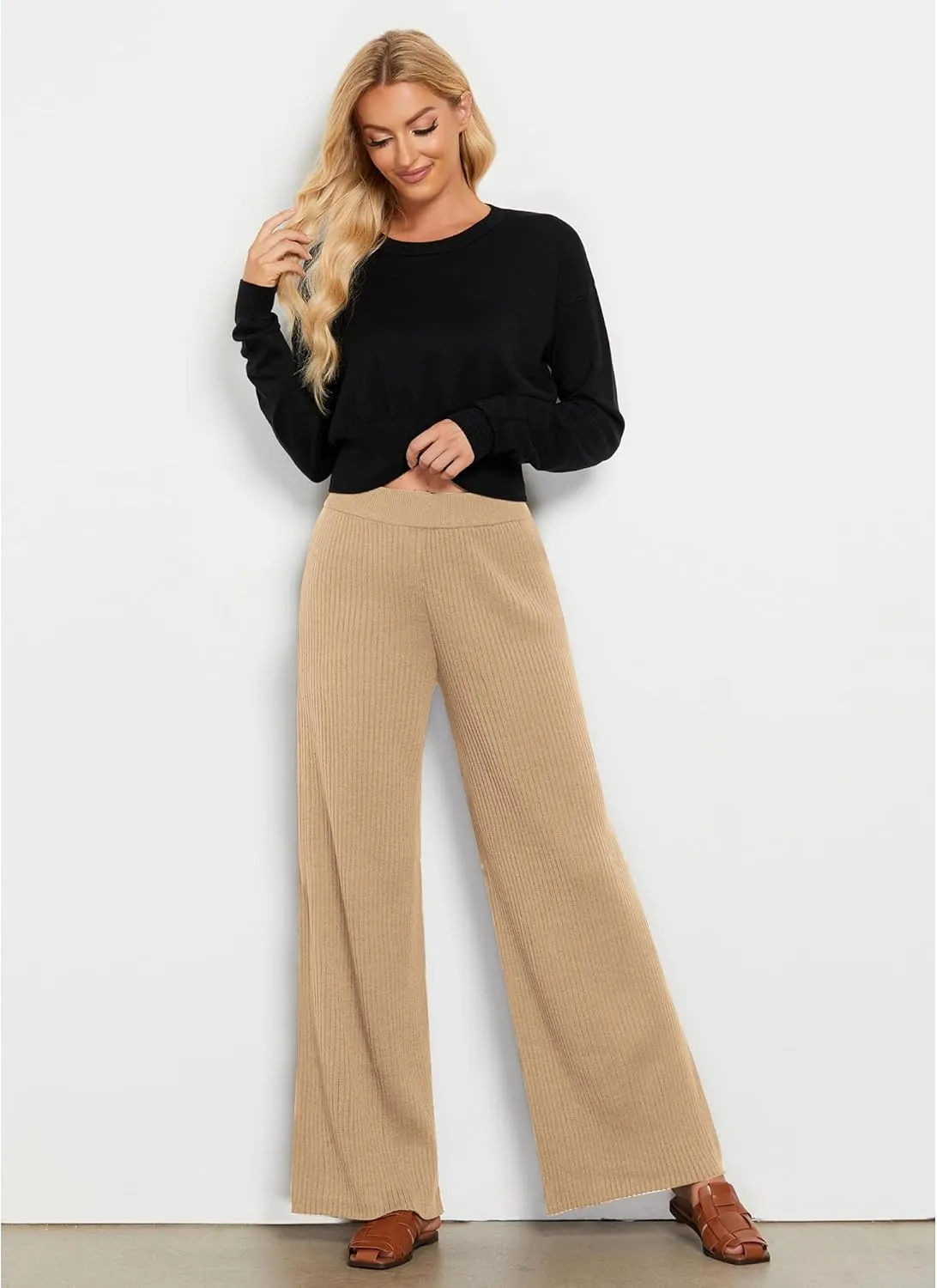 GRAPENT Sweater Wide Leg Pants Woman High Waisted Pull On Lounge Elastic Waist Fall Winter Casual Knit Trousers Pants
