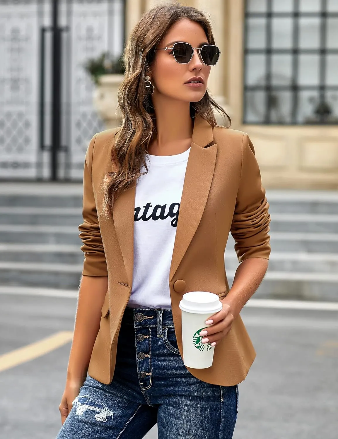GRAPENT Women's Business Casual Pockets Work Office Blazer Back Slit Jacket Suit