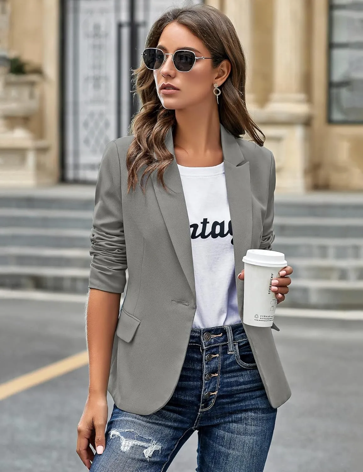 GRAPENT Women's Business Casual Pockets Work Office Blazer Back Slit Jacket Suit