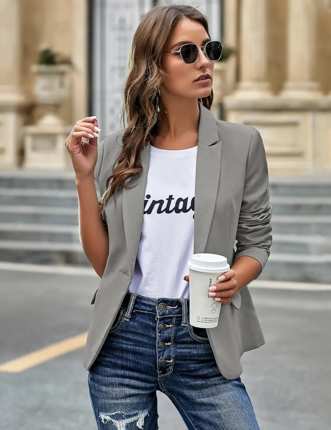 GRAPENT Women's Business Casual Pockets Work Office Blazer Back Slit Jacket Suit