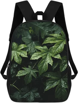 Green Leaves Pattern Business Laptop Backpack for Women Men 17 Inch Carry on Backpack Waterproof Black Bookbag Fashion Lightweight Backpacks for Travel Hiking Camping Casual Daypack Backpacks